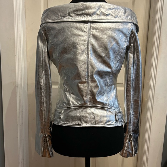 FAITH CONNEXION Off The Shoulder Silver Leather Jacket, sz FR38/US6 - Picture 6 of 9